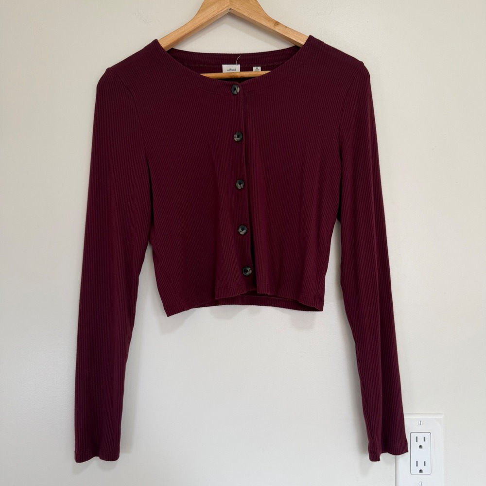 Wilfred Ribbed Cropped Button Front Cardigan Womens Medium Burgundy Minimalist